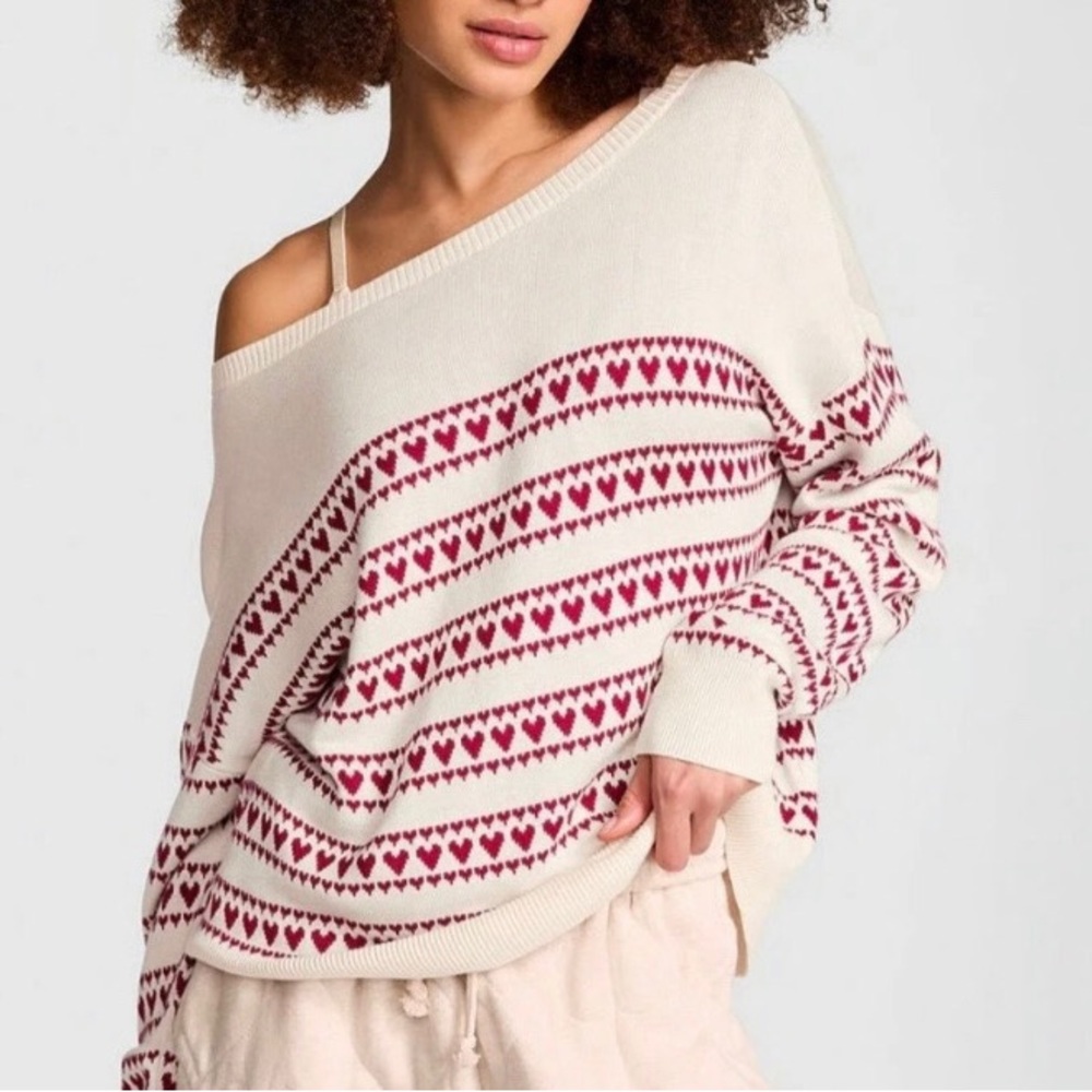 PINK Victoria's Secret Cream Off-Shoulder Sweater with Red Heart Stripes